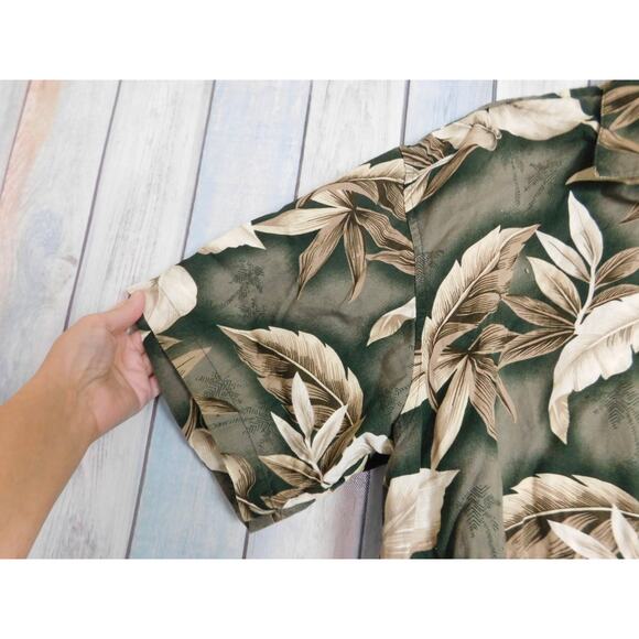 Vintage Men Hawaiian Shirt XL Green Tan Leaves Short Sleeve Button Down - Picture 4 of 8